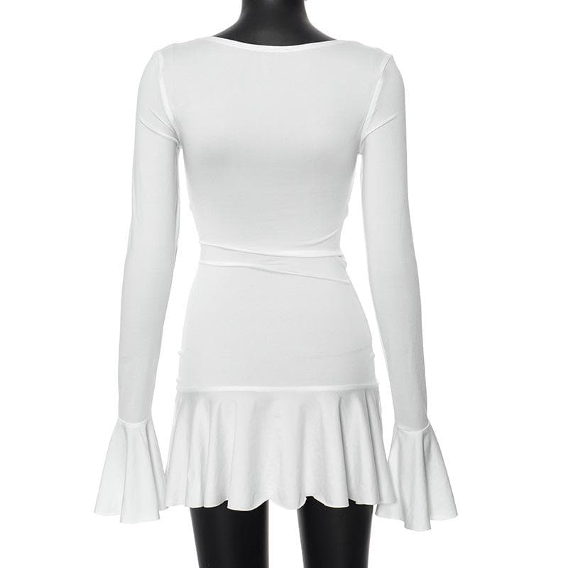 Long flared sleeve ruched v neck solid mini dress