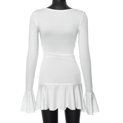 Long flared sleeve ruched v neck solid mini dress