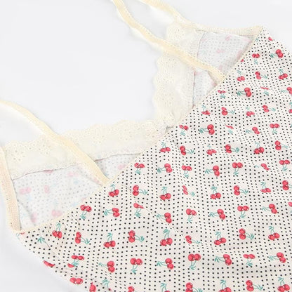 V neck cherry print bowknot lace hem polka dot cami top