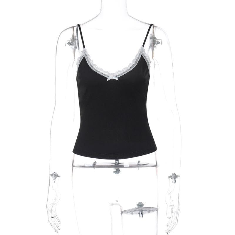 Bowknot lace hem v neck contrast cami top