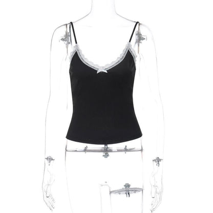 Bowknot lace hem v neck contrast cami top