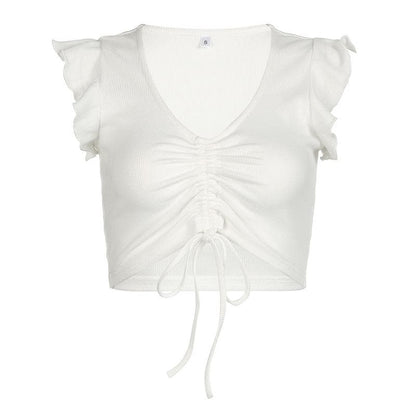 Cap sleeve drawstring ruched ribbed crop top