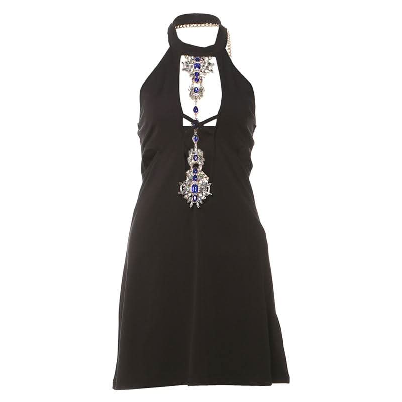 Halter hollow out metal chain gemstone pendant cut out mini dress