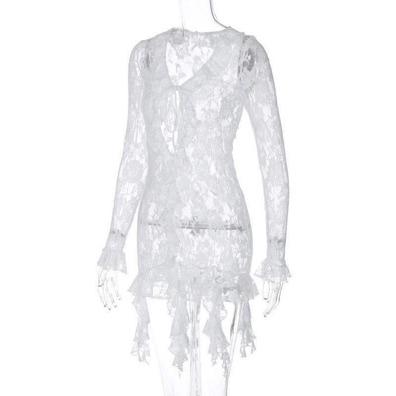 Long flared sleeve ruffle lace see through mini dress