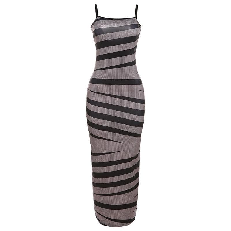 Spaghetti Strap Horizontal Stripe Ribbed Panel Bodycon Maxi Dress