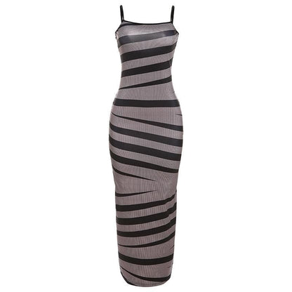 Spaghetti Strap Horizontal Stripe Ribbed Panel Bodycon Maxi Dress