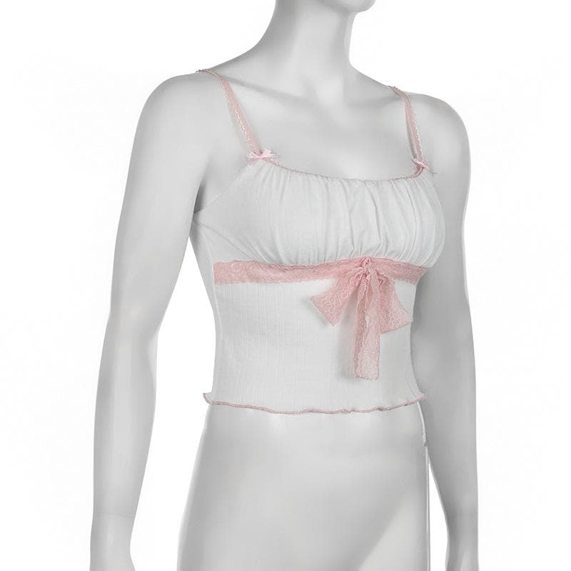 Ruched lace hem bowknot ruffle cami top