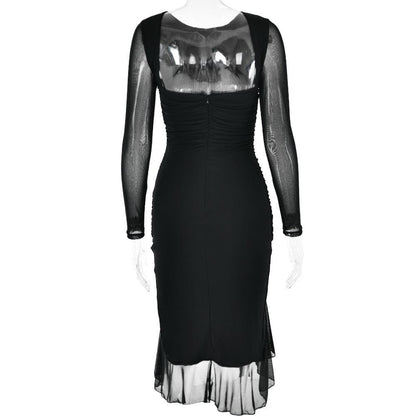 Mesh ruched zip-up long sleeve backless ruffle midi dress