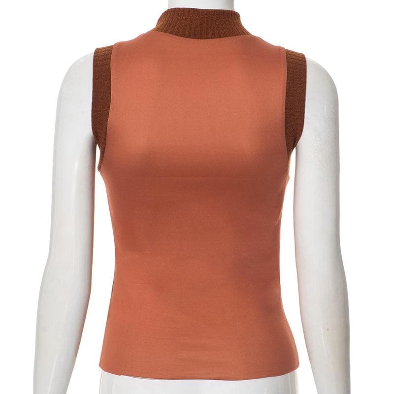 High neck sleeveless knitted patchwork print top