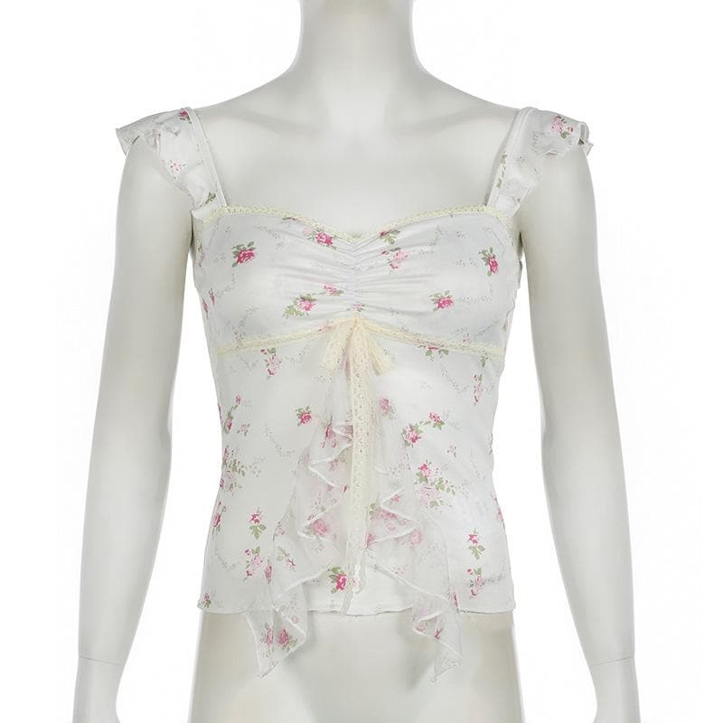 Lace hem bowknot ruched flower print cami top