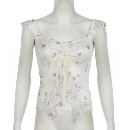 Lace hem bowknot ruched flower print cami top