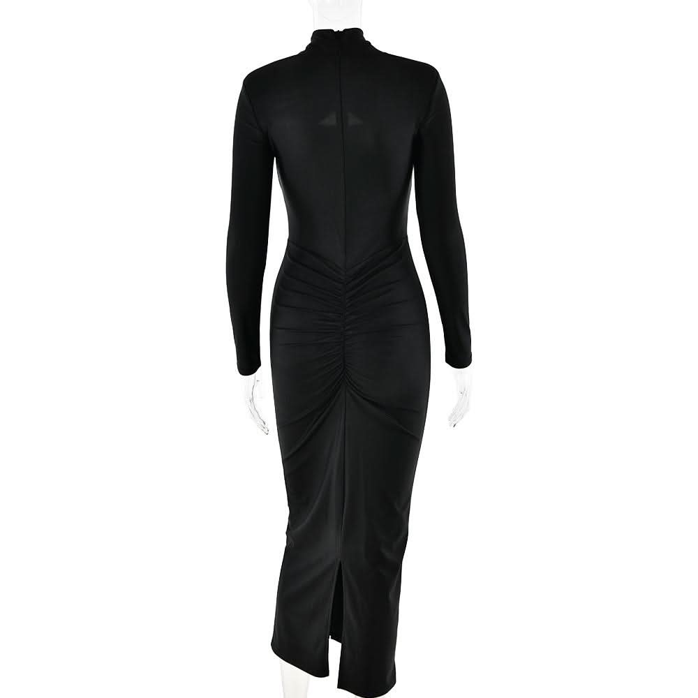Hollow out long sleeve ruched slit solid cut out midi dress