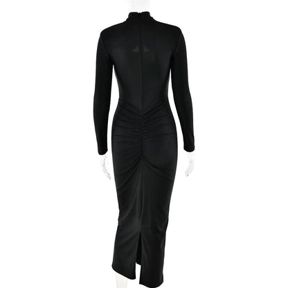 Hollow out long sleeve ruched slit solid cut out midi dress