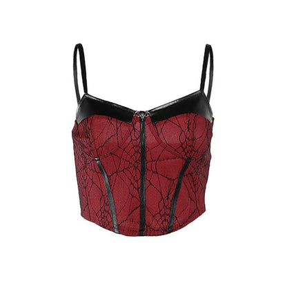 PU leather patchwork stitch lace bat applique cami top