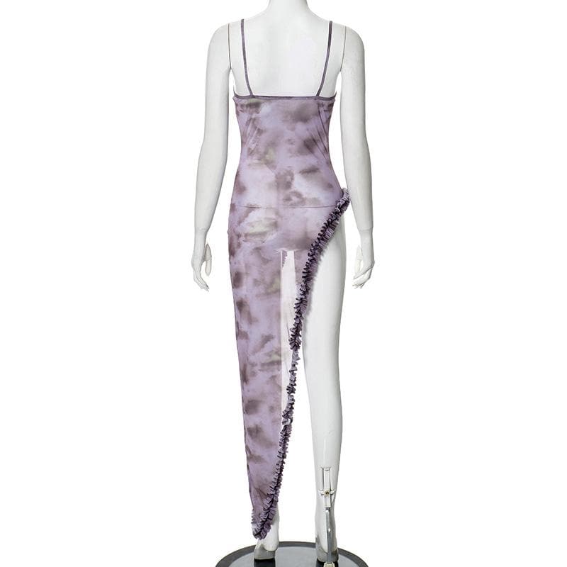Mesh self tie print high slit ruffle cami maxi dress