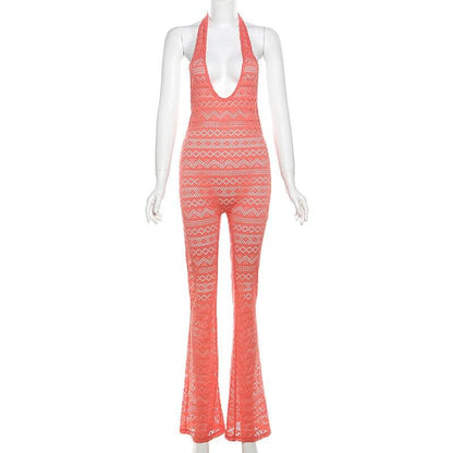 Halter low cut hollow out see through backless jumpsuit
