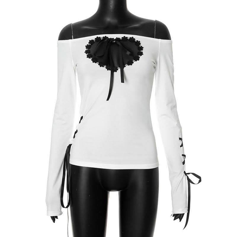 Hollow out long sleeve off shoulder self tie cut out top