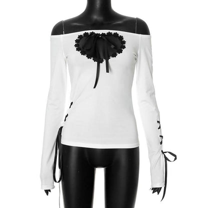 Hollow out long sleeve off shoulder self tie cut out top