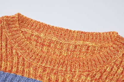 Knitted patchwork contrast long sleeve hollow out mini skirt set-final-sale