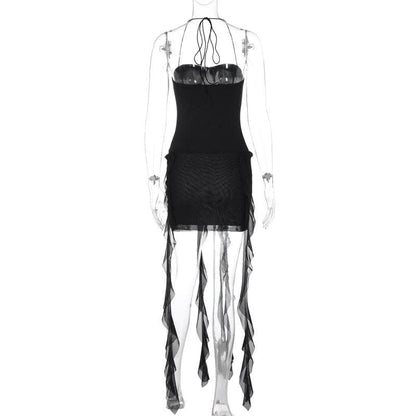 Halter ruffle sweetheart neck solid backless mini dress