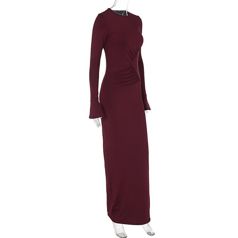 Long flared sleeve ruched solid maxi dress