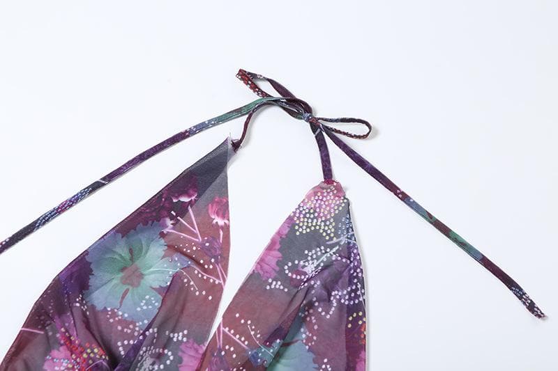 Halter cowl neck beaded sheer mesh print mini dress