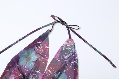 Halter cowl neck beaded sheer mesh print mini dress