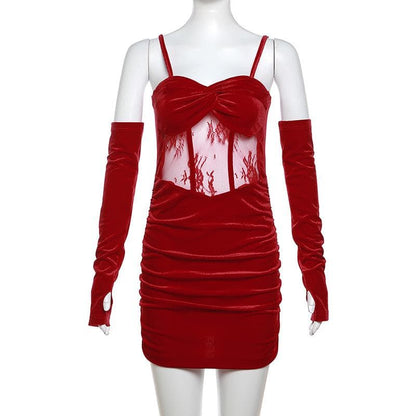 Velvet gloves ruched mesh backless cami mini dress
