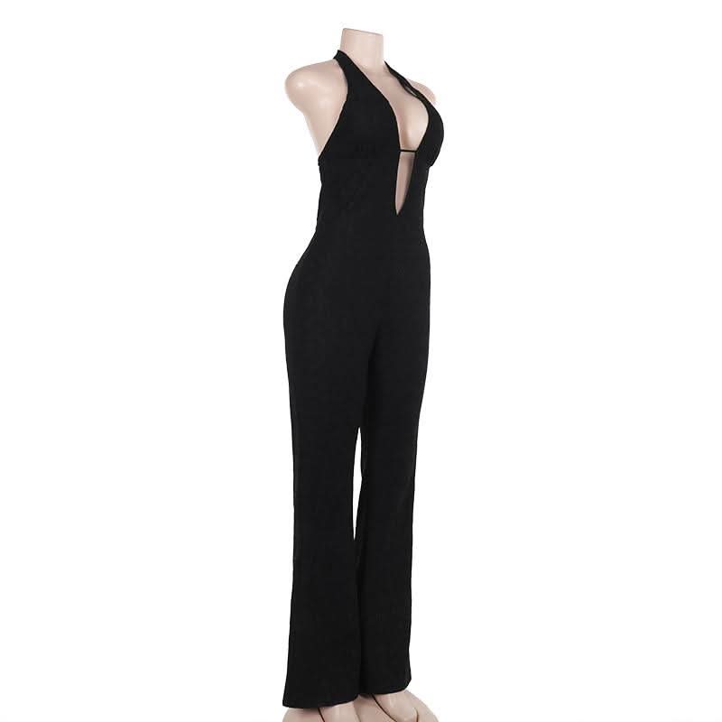 Halter self tie deep V neck lace backless jumpsuit