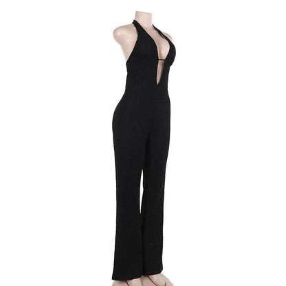 Halter self tie deep V neck lace backless jumpsuit
