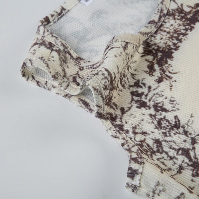 Sleeveless u neck print ribbed top