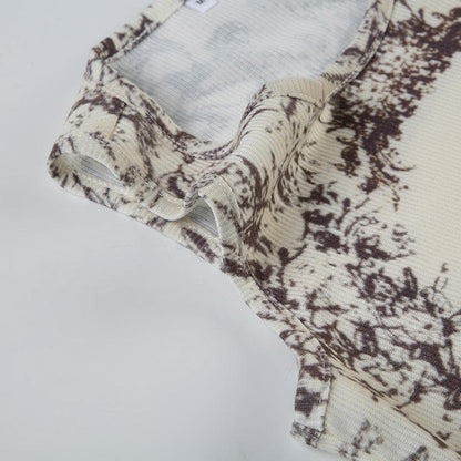 Sleeveless u neck print ribbed top