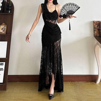 Irregular lace ruched solid cami maxi dress