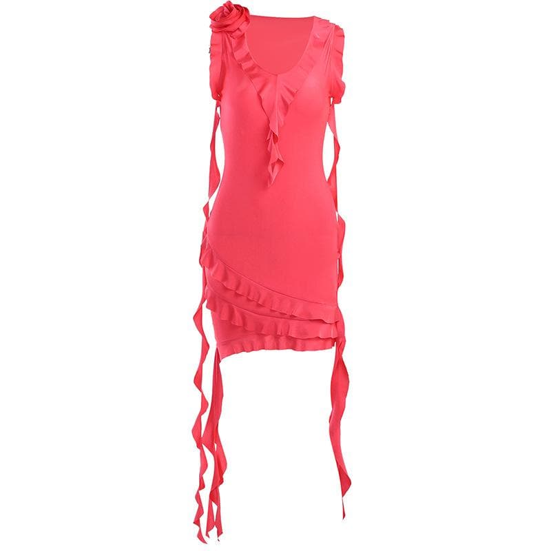V Neck Floral Applique Ruffle Ribbon Asymmetric Hem Mini Dress