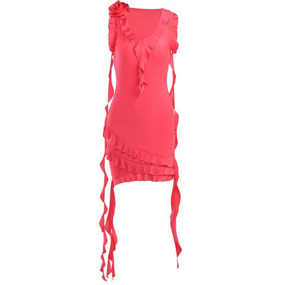 V Neck Floral Applique Ruffle Ribbon Asymmetric Hem Mini Dress