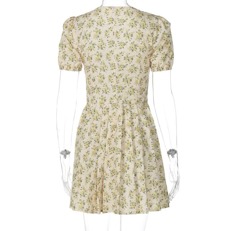 Short puff sleeve pleated zip-up flower print mini dress