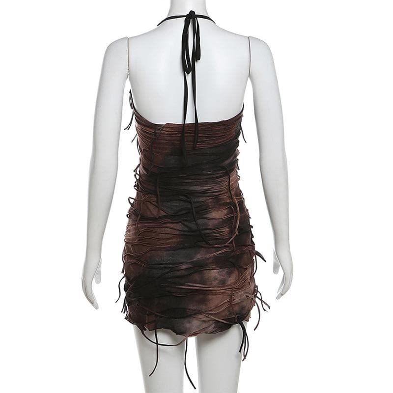 Halter tie dye v neck tassels mini dress