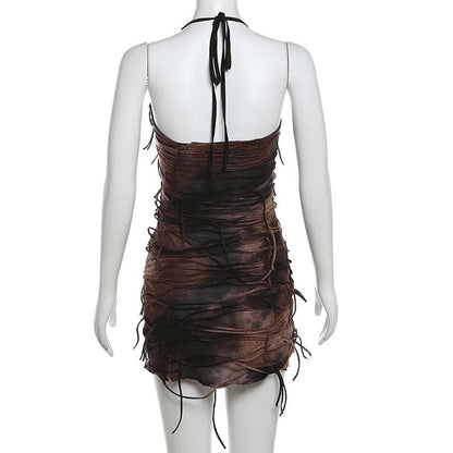 Halter tie dye v neck tassels mini dress