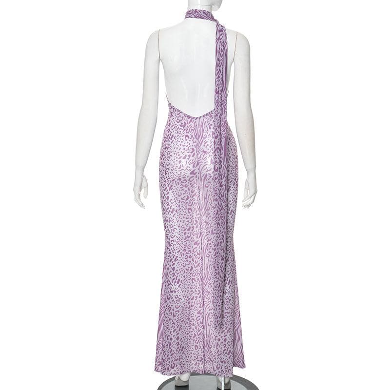 Halter leopard print sheer mesh backless maxi dress