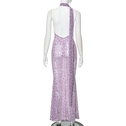 Halter leopard print sheer mesh backless maxi dress