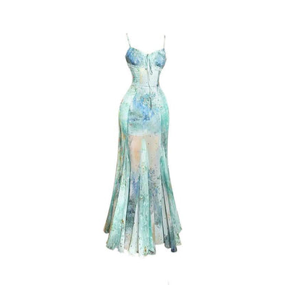 V neck print backless contrast cami maxi dress