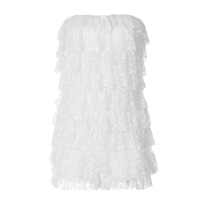 Bowknot lace backless ruffle tube mini dress-final-sale