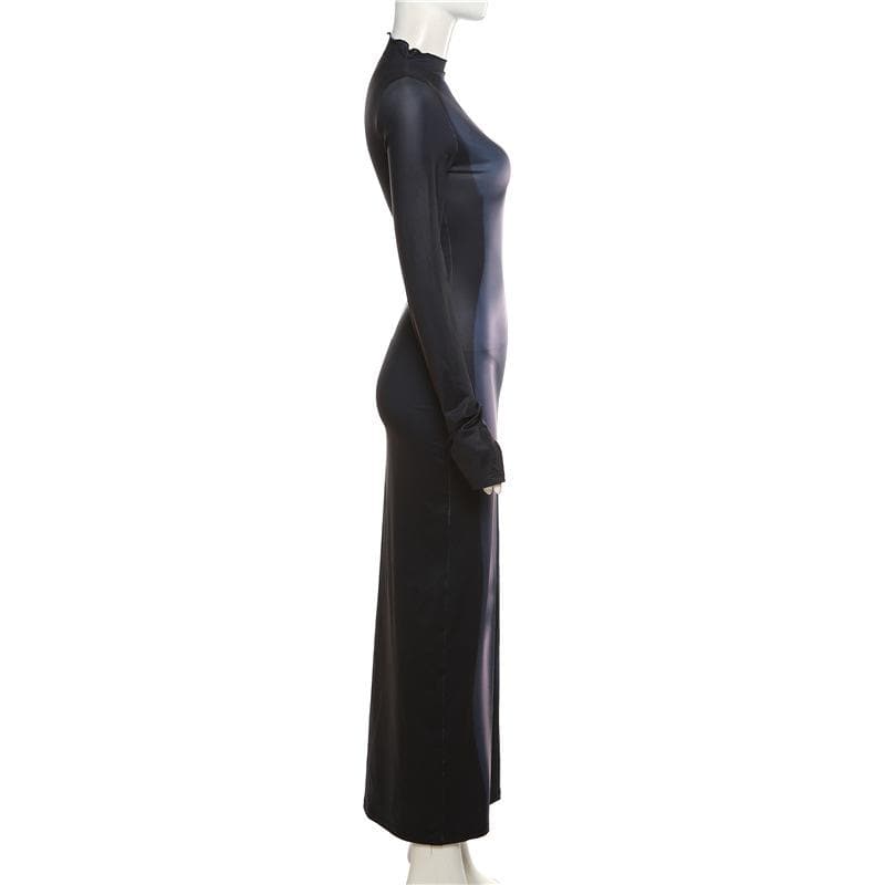 Mock Neck Long Sleeve Thumbhole Thermal Body Map Print Bodycon Maxi Dress