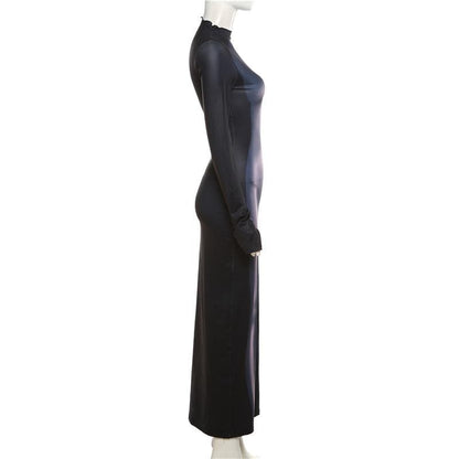 Mock Neck Long Sleeve Thumbhole Thermal Body Map Print Bodycon Maxi Dress