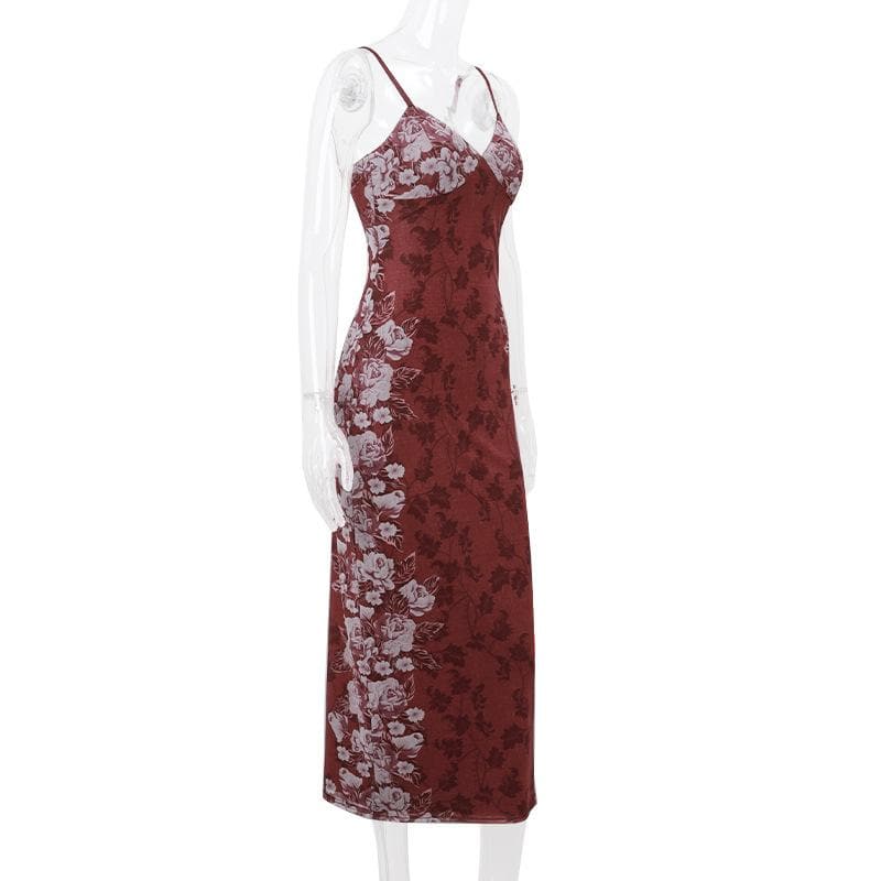 Placed Floral V Neck Spaghetti Strap Maxi Dress
