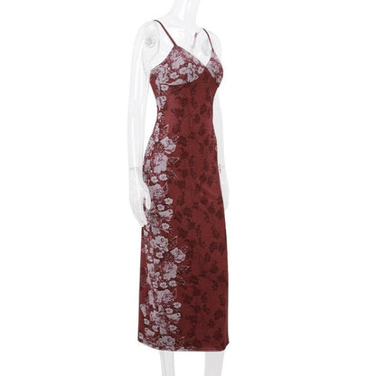 Placed Floral V Neck Spaghetti Strap Maxi Dress