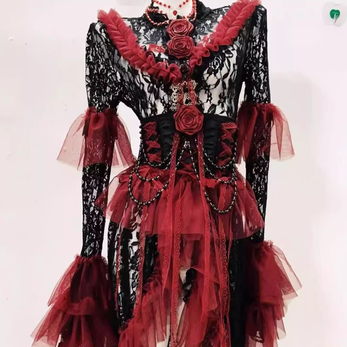 Long flared sleeve lace flower applique ruffle midi dress