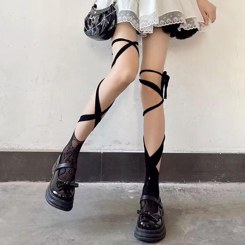Self tie irregular lace thigh high socks