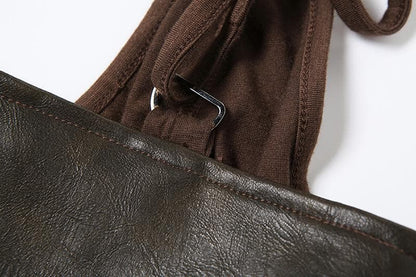 V neck PU leather patchwork high slit maxi dress-final-sale