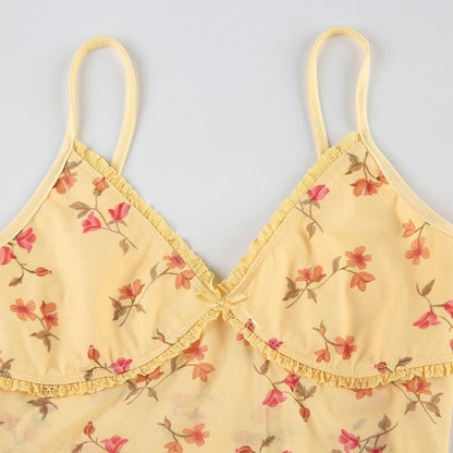 V neck lace hem flower print mesh ruffle cami top